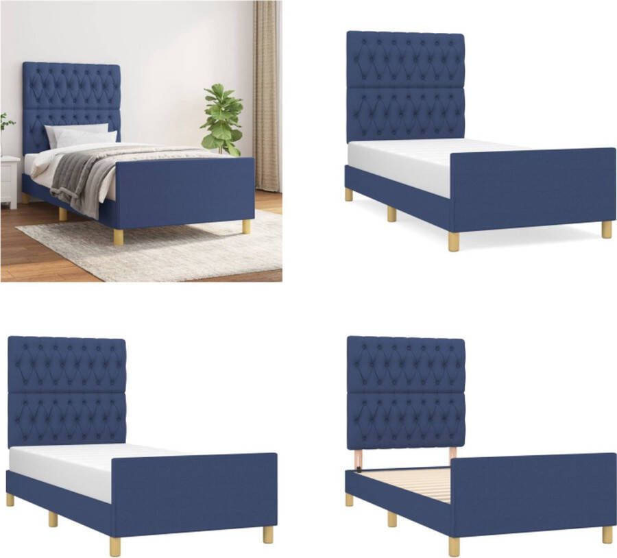 VidaXL Bedframe met hoofdeinde stof blauw 90x200 cm Bedframe Met Hoofdeinde Bedframes Met Hoofdeindes Bed Slaapmeubel - Foto 2