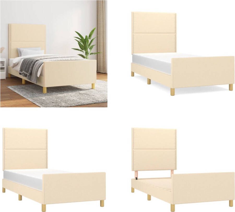 vidaXL Bedframe met hoofdeinde stof crèmekleurig 90x190 cm Bedframe Met Hoofdeinde Bedframes Met Hoofdeindes Bed Slaapmeubel