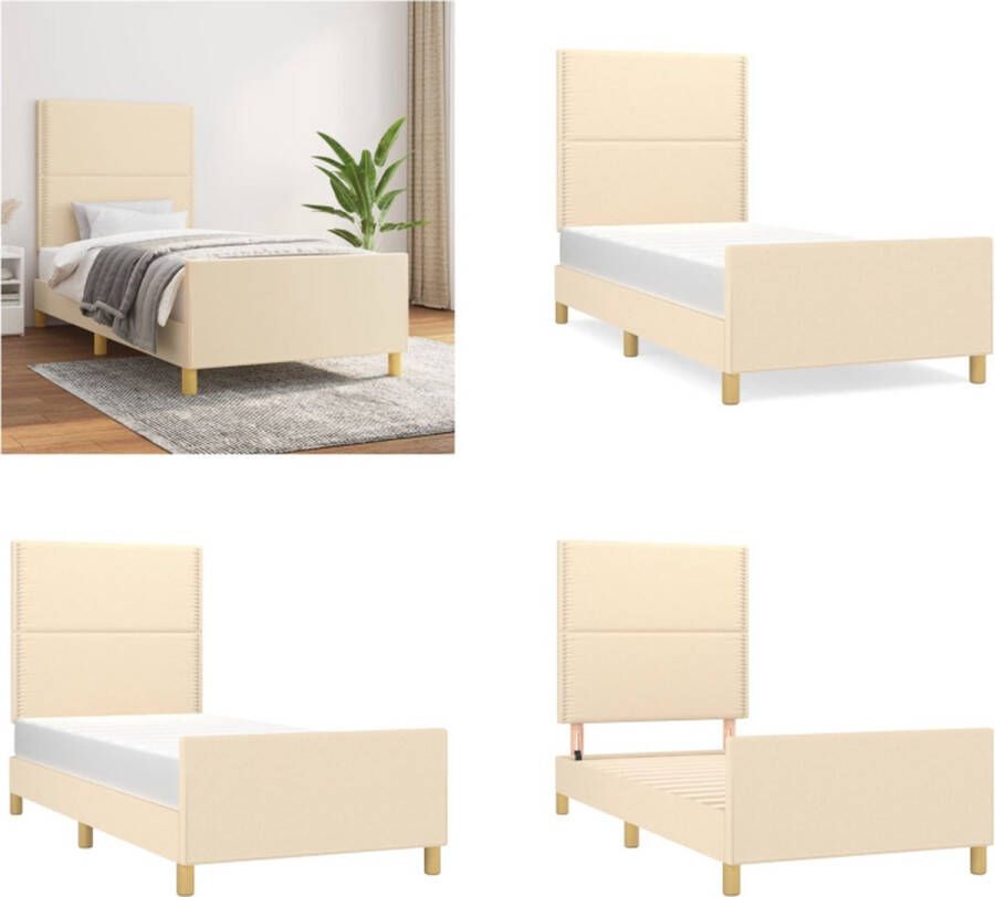 vidaXL Bedframe met hoofdeinde stof crèmekleurig 90x200 cm Bedframe Met Hoofdeinde Bedframes Met Hoofdeindes Bed Slaapmeubel