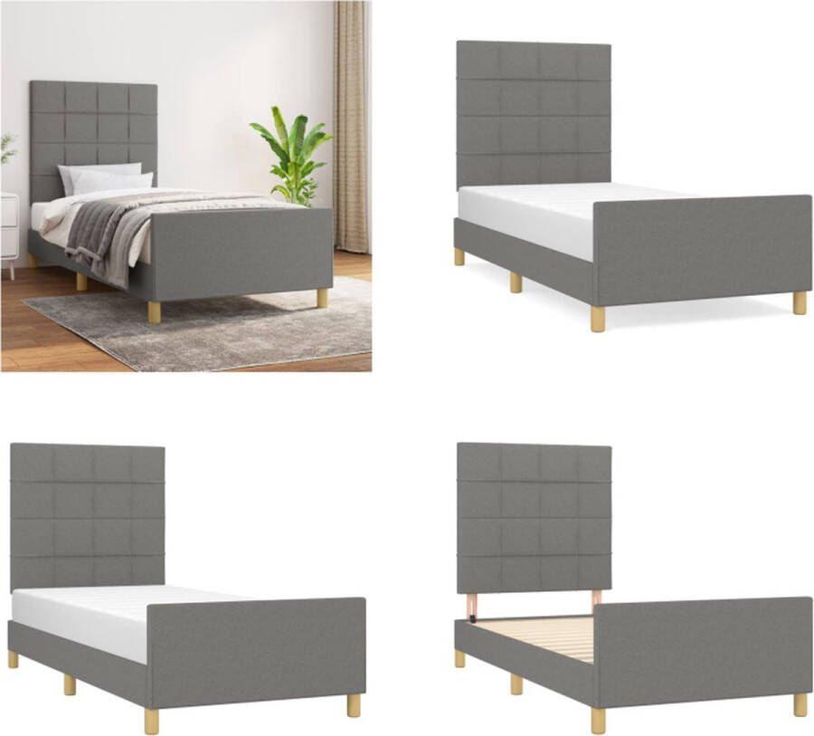 vidaXL Bedframe met hoofdeinde stof donkergrijs 90x190 cm Bedframe Met Hoofdeinde Bedframes Met Hoofdeindes Bed Slaapmeubel