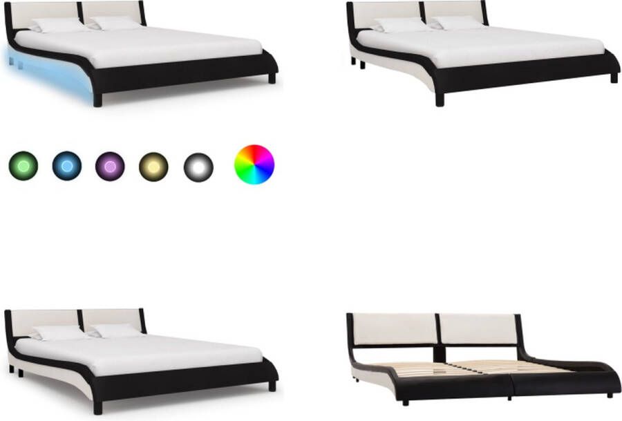 VidaXL Bedframe met LED kunstleer zwart en wit 160x200 cm Bedframe Bedframes Bed Bedden