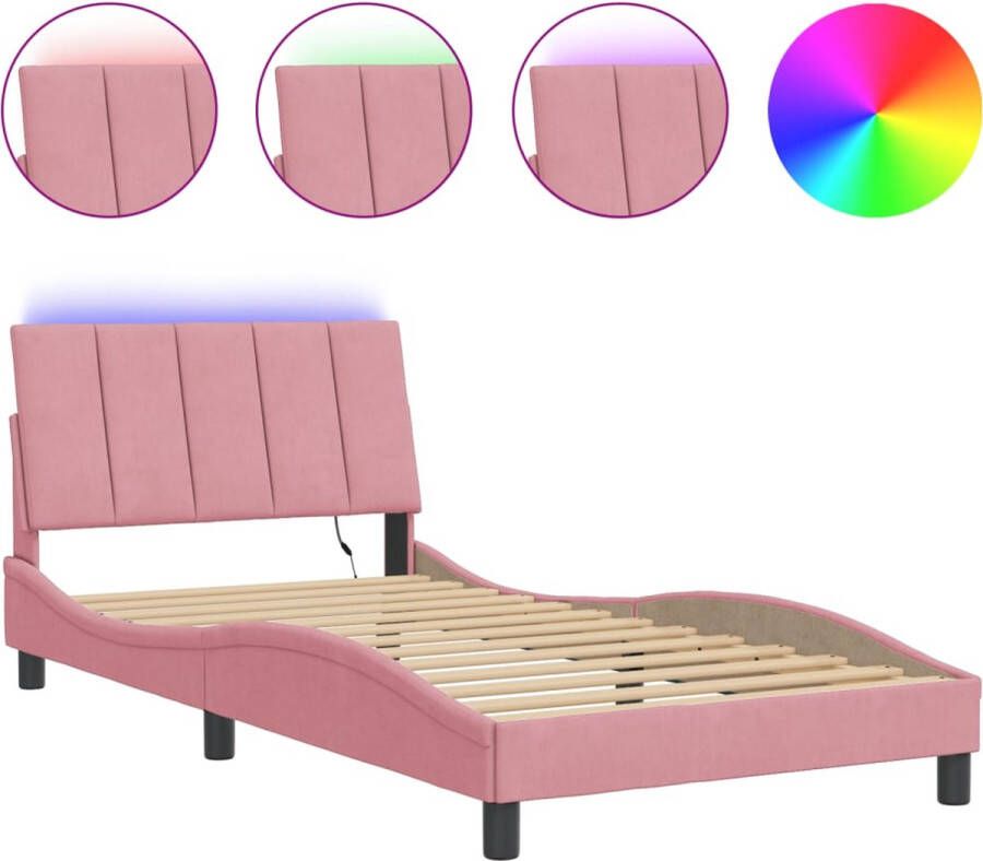 VidaXL Bedframe met LED zonder matras Hanko fluweel roze 100x200 cm - Foto 2