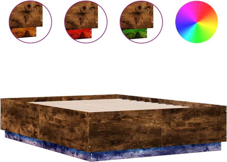 VidaXL -Bedframe-met-LED-verlichting-gerookt-eikenkleurig-140x190-cm - Foto 2