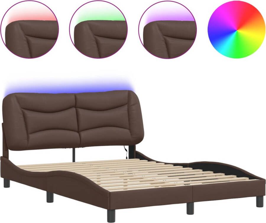 VidaXL Bedframe met LED zonder matras Hvar kunstleer bruin 140x200 cm - Foto 2