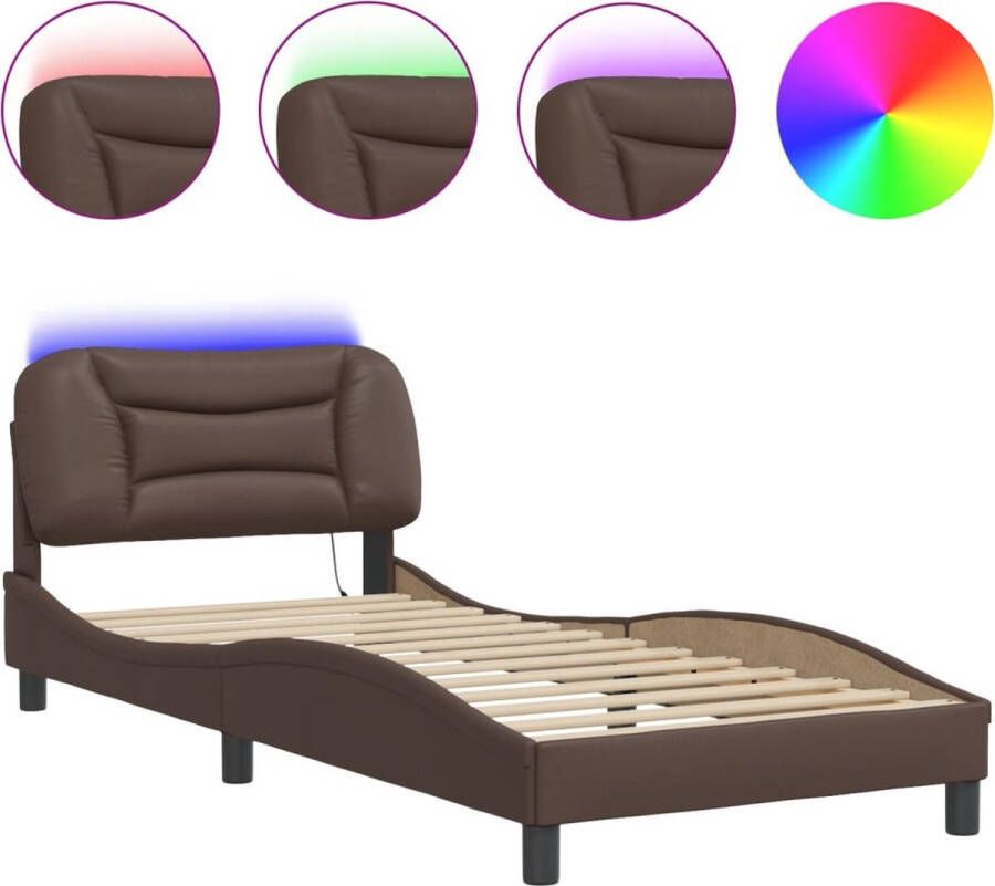 VidaXL Bedframe met LED zonder matras Hvar kunstleer bruin 80x200 cm - Foto 2