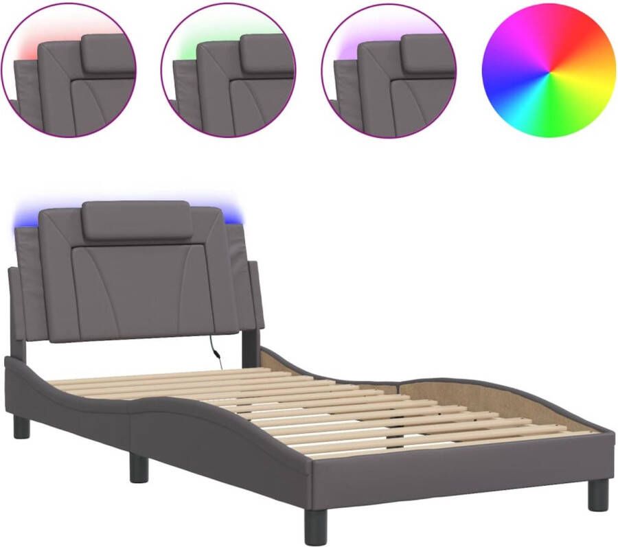 VidaXL Bedframe Viana met LED zonder matras kunstleer grijs 100x200 cm - Foto 2