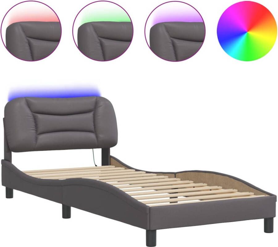 VidaXL Bedframe met LED zonder matras Hvar kunstleer grijs 90x200 cm - Foto 2
