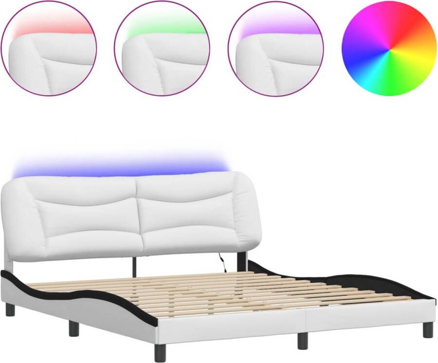 VidaXL Bedframe met LED zonder matras Hvar kunstleer wit en zwart 180x200 cm - Foto 2