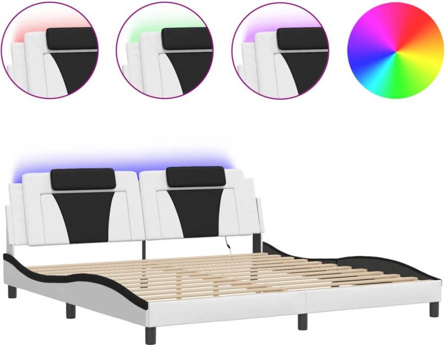 VidaXL Bedframe met LED zonder matras Zadar kunstleer wit en zwart 200x200 cm - Foto 5