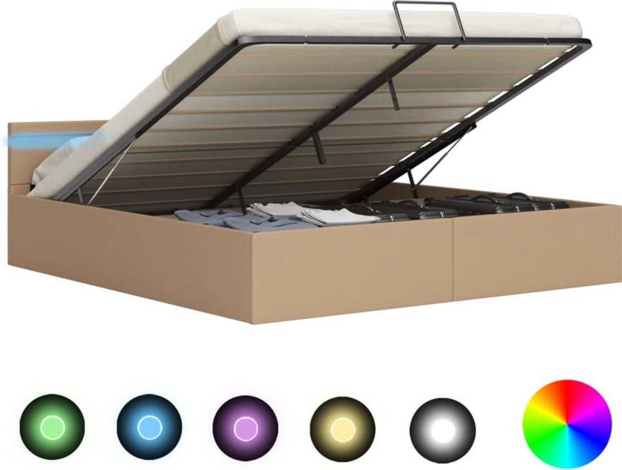 The Living Store Bedframe Cappuccino Hydraulisch Gasveermechanisme Opbergruimte LED-Strip 212x167x73cm Hydraulisch Bedframe Kapstok Art Deco Vintage Meubels Lederlook - Foto 3