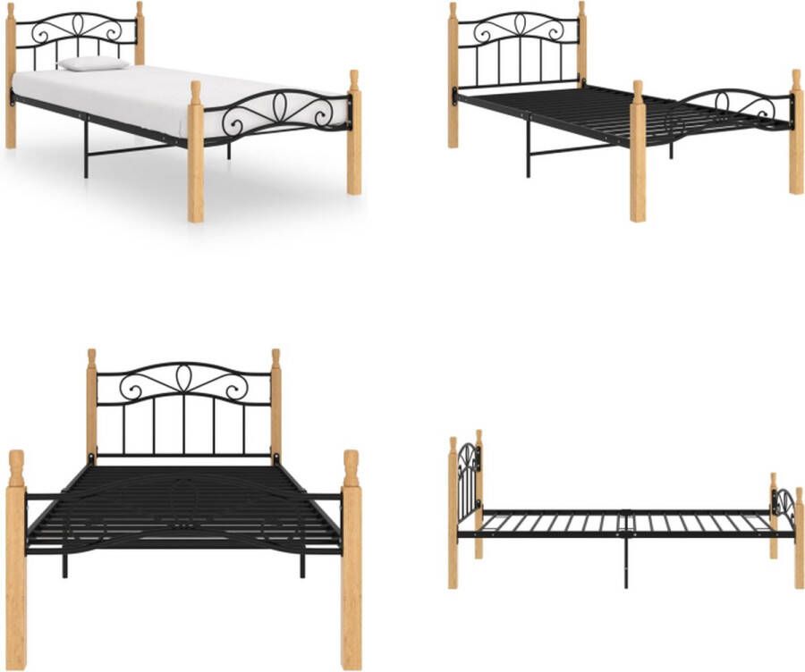 VidaXL Bedframe metaal en massief eikenhout zwart 90x200 cm Bedframe Bedframes Bed Bedden