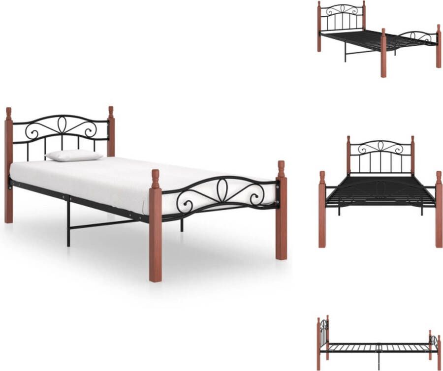 VidaXL Bedframe Metalen en massief eikenhouten constructie 210 x 107 x 90 cm Zwart en Donkerhout Bed