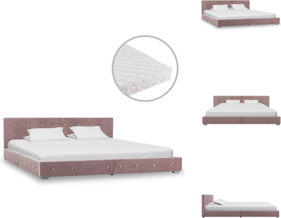 vidaXL Bedframe Queen Size Roze Gepoedercoat IJzeren Frame MDF Multiplex Gepoedercoate Stalen Poten 214.5 x 174 x 64 cm Matras Wit 200 x 160 x 17 cm Wasbare Gevoerde Hoes Polyester Bed