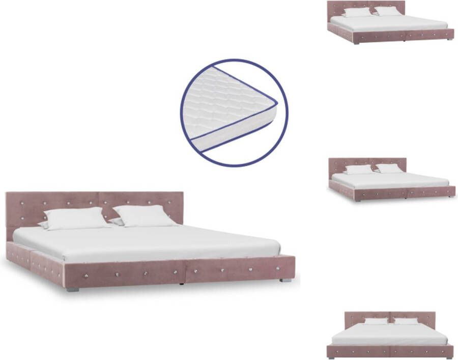 vidaXL Bedframe Roze Gepoedercoat ijzeren frame Fluweel 214.5 x 174 x 64 cm Traagschuim matras Wit 200 x 160 x 17 cm 5 lagen Polyester Bed