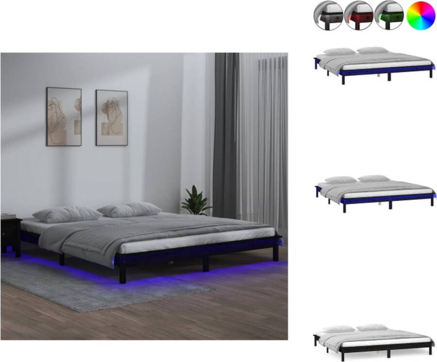 VidaXL Bedframe Solid Pine LED-verlichting 212 x 211.5 x 26 cm Zwart Bed
