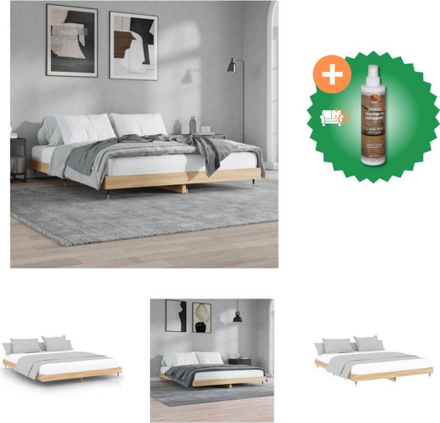 VidaXL Bedframe Sonoma Eiken 203x203x20 cm Multiplex Lattenbodem Montage vereist Bed Inclusief Houtreiniger en verfrisser