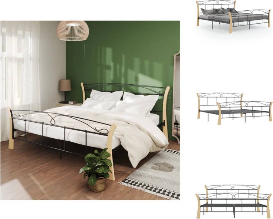 VidaXL Bedframe Tweepersoonsbed Metaal en Eikenhout 206x180x100 cm Zwart Lichthout Montage vereist Bed