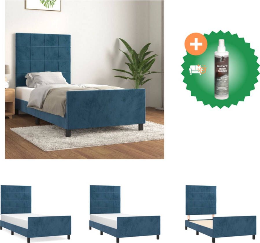 VidaXL Bedframe Zacht fluweel Verstelbare hoogte Multiplex lattenbodem Comfortabele ondersteuning Donkerblauw 203 x 93 x 118 128 cm Bed Inclusief Reiniger