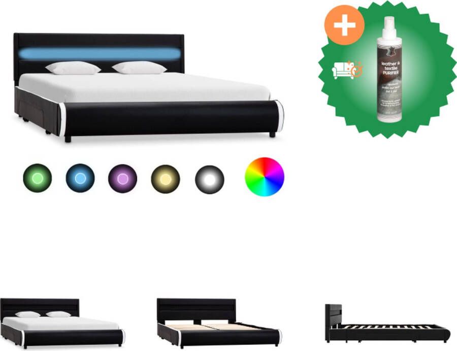 VidaXL Bedframe zwart kunstleren bekleding 140 x 200 cm met lades en LED-strip Bed Inclusief Reiniger