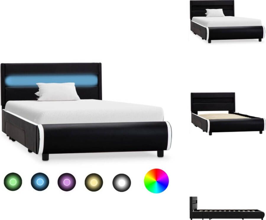 VidaXL Bedframe Zwarte Kunstleren Bekleding 217 x 106 x 70 cm Met LED-strip en 2 lades Bed