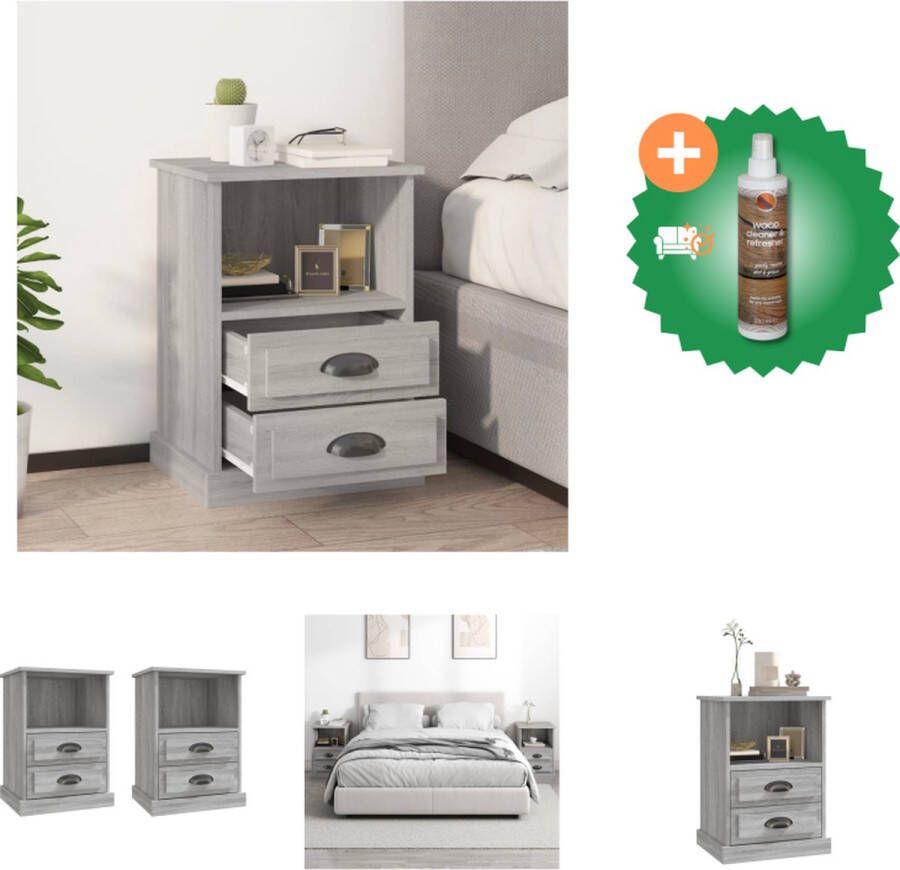 VidaXL Bedkast Grijs Sonoma Eiken Nachtkastje 43x36x60 cm 2 laden 1 open vak Kast Inclusief Houtreiniger en verfrisser