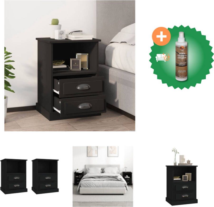 VidaXL Bedkasten Elegant Nachtkastje 2 lades 1 open vak 43 x 36 x 60 cm (B x D x H) Zwart hout Kast Inclusief Houtreiniger en verfrisser