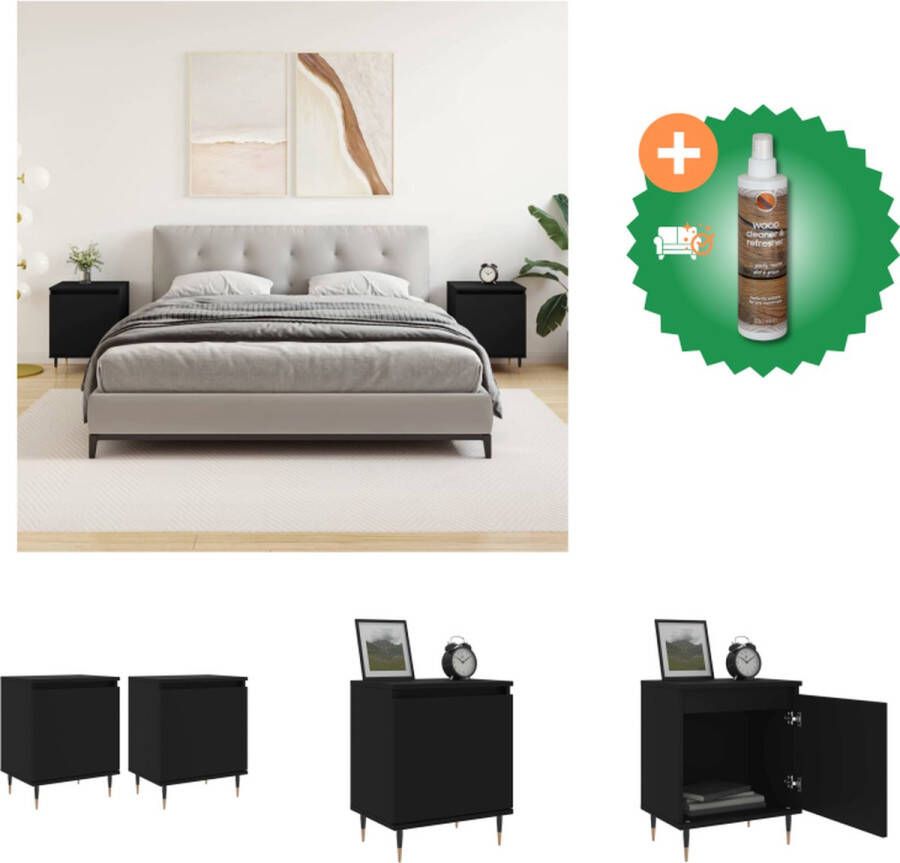 VidaXL Nachtkastje Zwart Set van 2 40 x 30 x 50 cm Bewerkt Hout en IJzer Kast Inclusief Houtreiniger en verfrisser