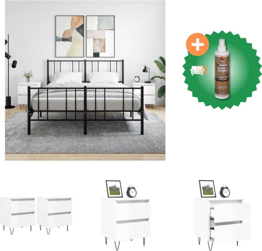 VidaXL Bedkastjes Hoogglans wit 40 x 35 x 50 cm 2 lades Stabiel blad Kast Inclusief Houtreiniger en verfrisser