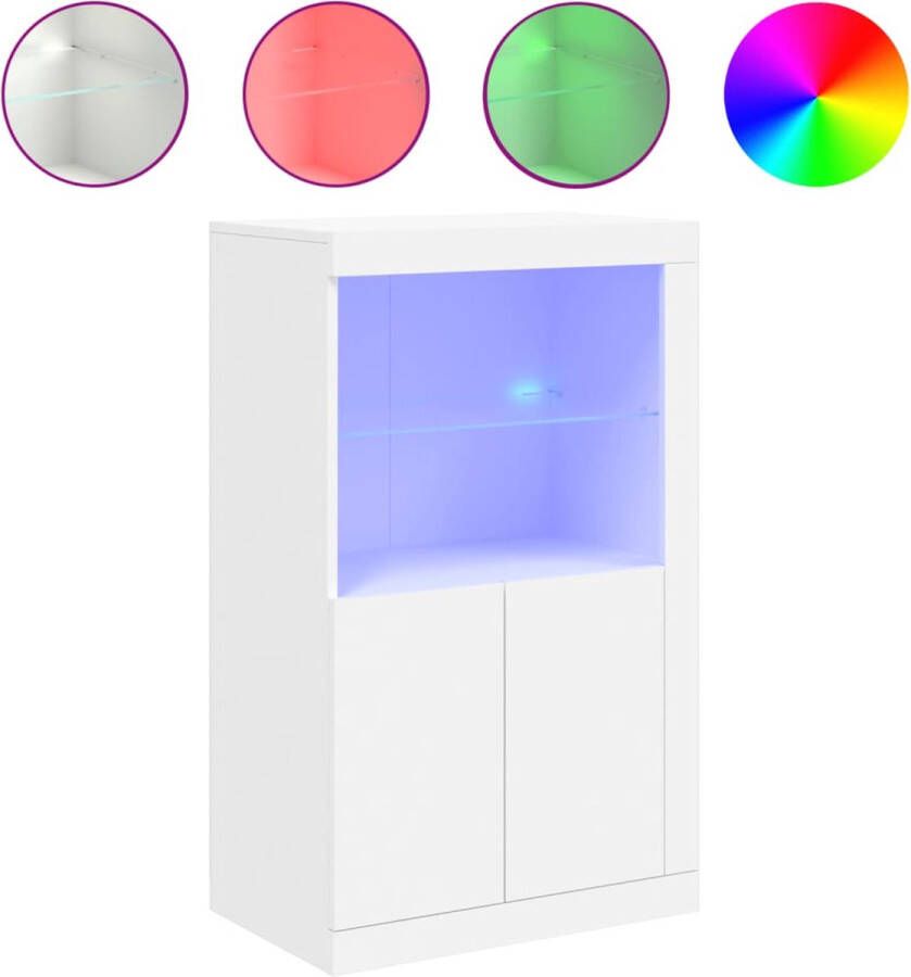 VidaXL Bijzetkast Bewerkt hout Wit Met LED-verlichting Bijzettafel Led Lamp Houten Kast Vitrinekast Opbergkast Woonkamer Decoratie Living Room Furniture