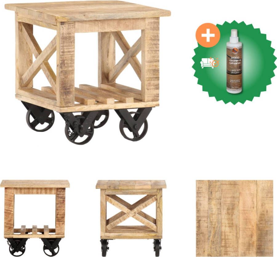 VidaXL Bijzettafel Vintage Style Massief Mango Hout 40 x 40 x 42 cm Met Wielen Tafel Inclusief Houtreiniger en verfrisser