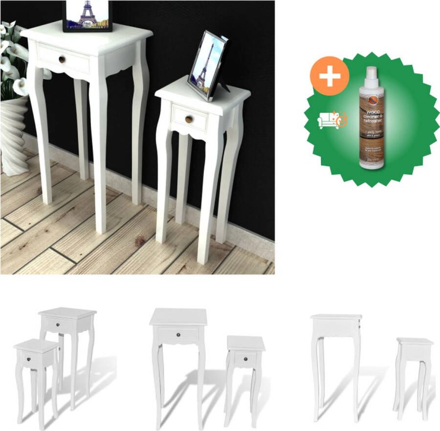 VidaXL bijzettafel White 2-delige set 36 x 36 x 79 cm en 25 x 25 x 62 cm MDF en grenenhout Tafel Inclusief Houtreiniger en verfrisser