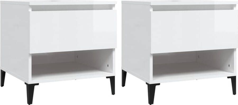 VidaXL Bijzettafels Hoogglans Wit 2 stuks Bijzet Tafel Industrieel Design Witte Bijzettafel Houten Bijzettafel Metaal Poten Salontafel Opslagruimte