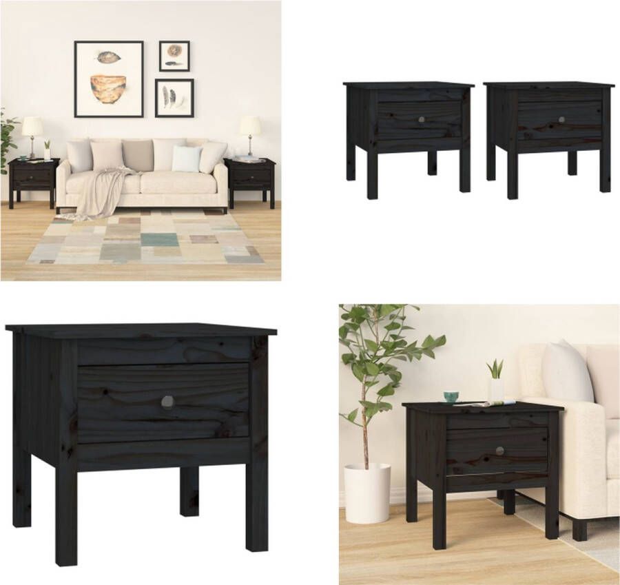 VidaXL Bijzettafels 2 st 50x50x49 cm massief grenenhout zwart Bijzettafel Bijzettafels Eindtafel Salontafel