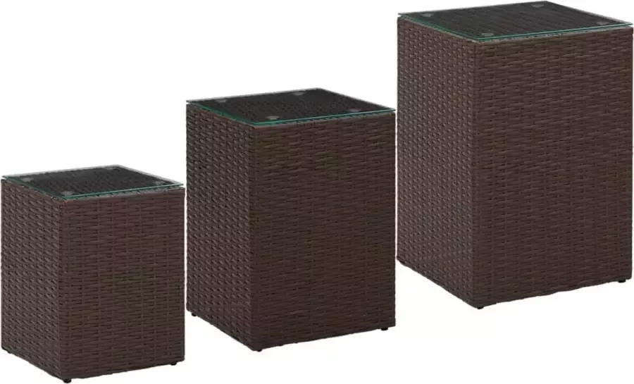 vidaXL Bijzettafels 3 stuks met glazen blad poly rattan bruin