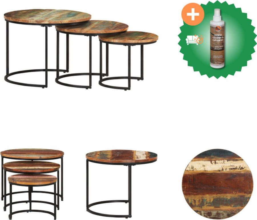 VidaXL Tafelset Vintage Stijl Salontafels Bijzettafels Nachtkastjes Gerecycled Hout Stalen Frame Meerkleurig Handgemaakt Set van 3 Tafel Inclusief Houtreiniger en verfrisser