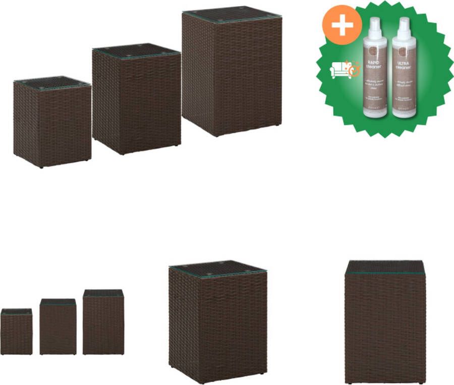 VidaXL Bijzettafels Poly rattan Glazen tafelblad Bruin 40x40x62 cm Inclusief 3 maten Tafel Inclusief Onderhoudsset