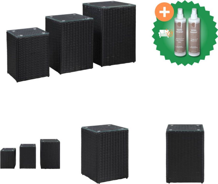 VidaXL 3-delige Bijzettafelset met glazen blad poly rattan zwart Tafel Inclusief Onderhoudsset