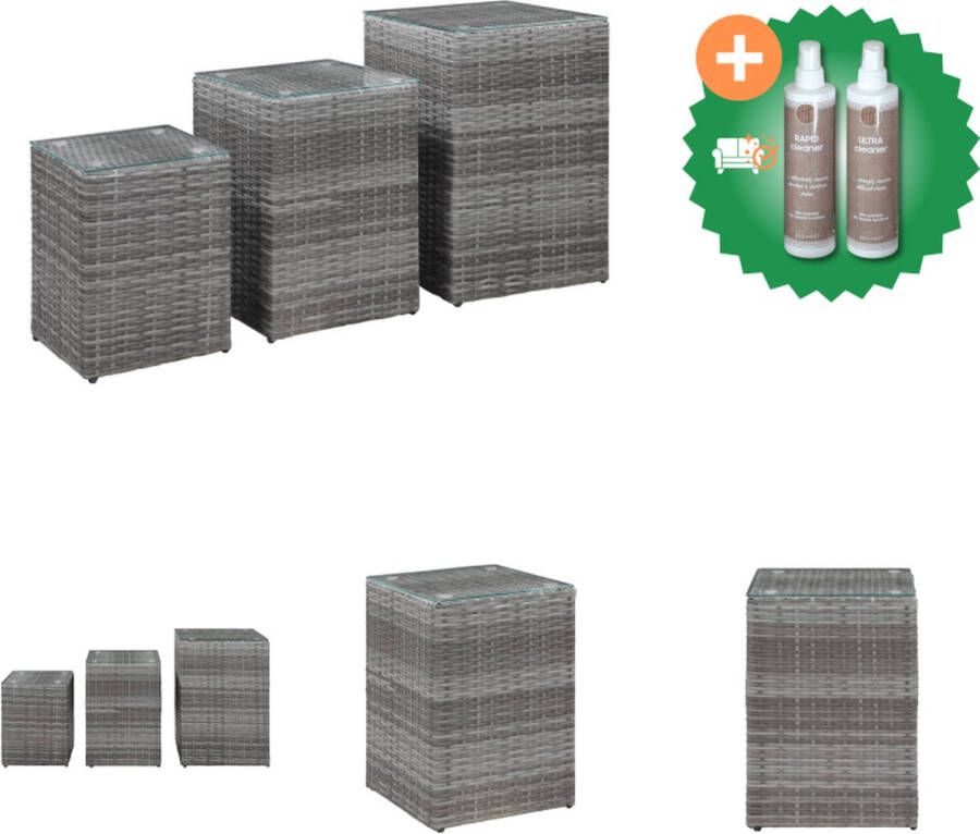 VidaXL bijzettafels poly rattan glas metaal grijs 40x40x62cm 35x35x52cm 30x30x42cm Tafel Inclusief Onderhoudsset