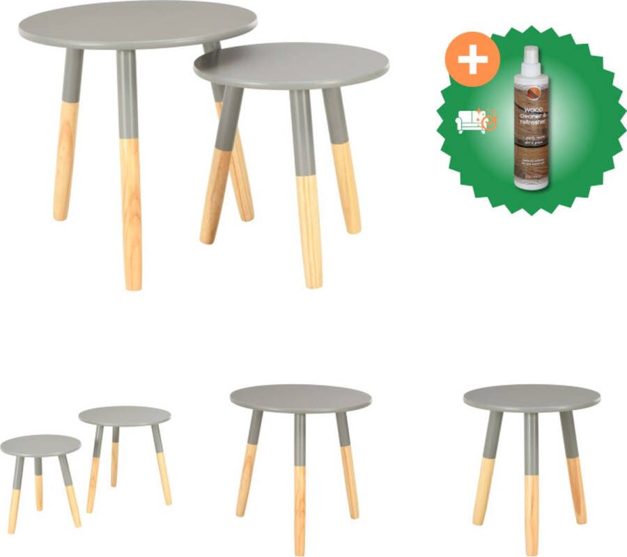 VidaXL Bijzettafels Scandinavische stijl Massief grenenhout 48x47.5 cm 38x40 cm Grijs Set van 2 Tafel Inclusief Houtreiniger en verfrisser
