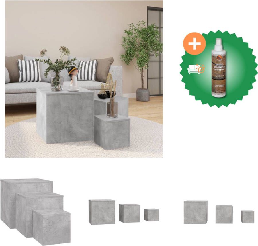 VidaXL Bijzettafels Set van 3 Betongrijs Spaanplaat 45x45x45cm 35x35x35cm 24x24x24cm Tafel Inclusief Houtreiniger en verfrisser