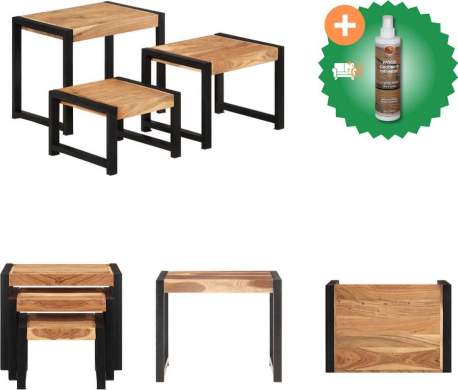 VidaXL Bijzettafels Vintage Stijl Massief Acaciahout Sheesham Afwerking Stalen Frame Set van 3 Tafel Inclusief Houtreiniger en verfrisser