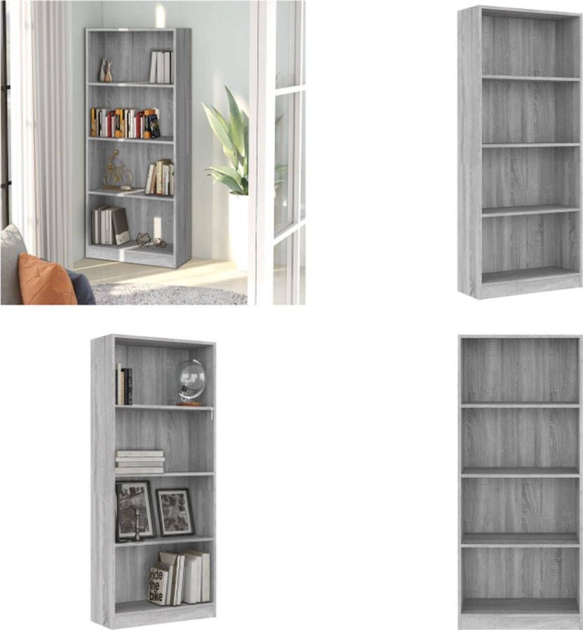 VidaXL Boekenkast 4 schappen 60x24x142 cm bewerkt hout grijs sonoma Boekenkast Boekenkasten Boekenschap Boekenstandaard