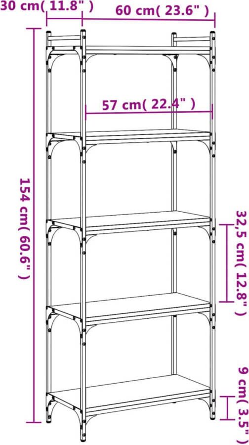 VidaXL -Boekenkast-5-laags-60x30x154-cm-bewerkt-hout-bruineikenkleurig - Foto 3