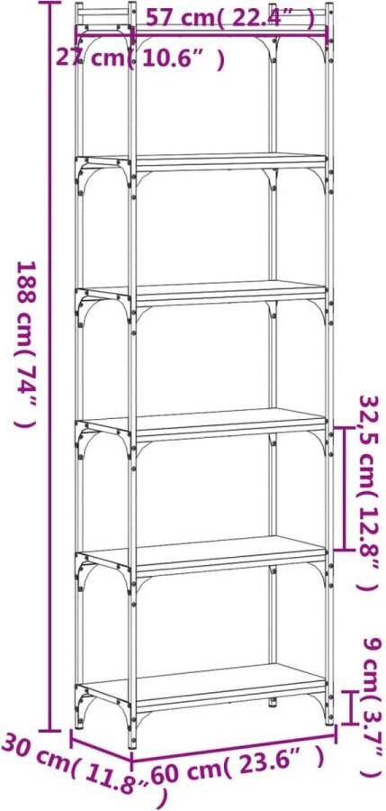 VidaXL -Boekenkast-6-laags-60x30x188-cm-bewerkt-hout-bruineikenkleurig - Foto 3
