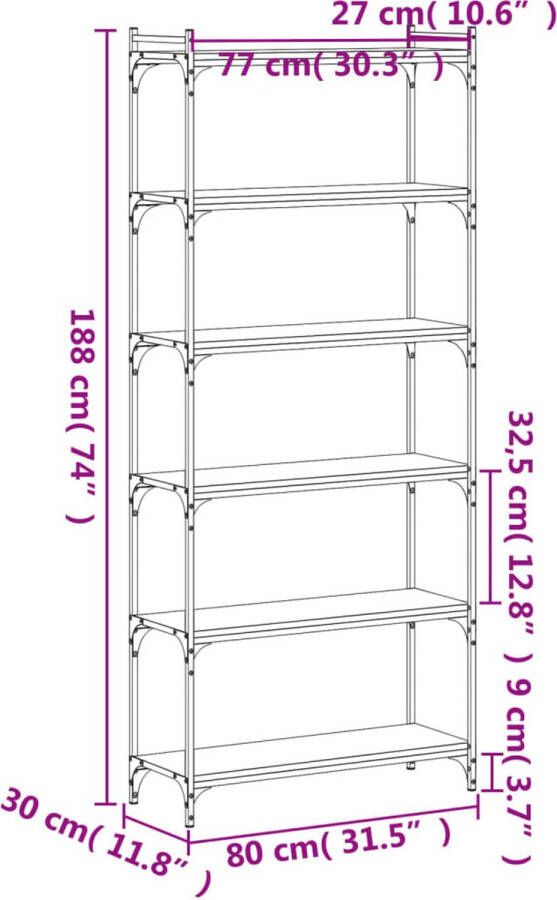 VidaXL -Boekenkast-6-laags-80x30x188-cm-bewerkt-hout-bruineikenkleurig - Foto 3