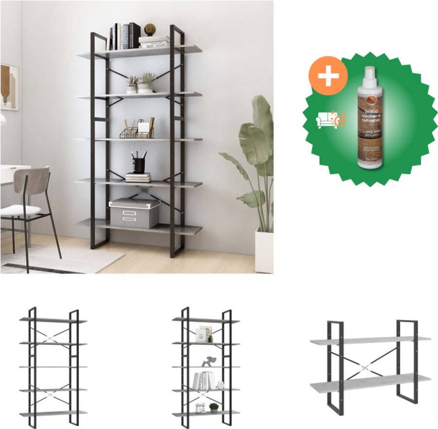 VidaXL Boekenkast met 5 schappen 100x30x175 cm bewerkt hout betongrijs Kast Inclusief Houtreiniger en verfrisser