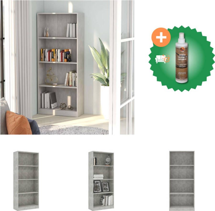 VidaXL Boekenkast Betongrijs 60 x 24 x 142 cm Hoge boekenkast met 4 schappen Eenvoudig te monteren Bewerkt hout Kast Inclusief Houtreiniger en verfrisser