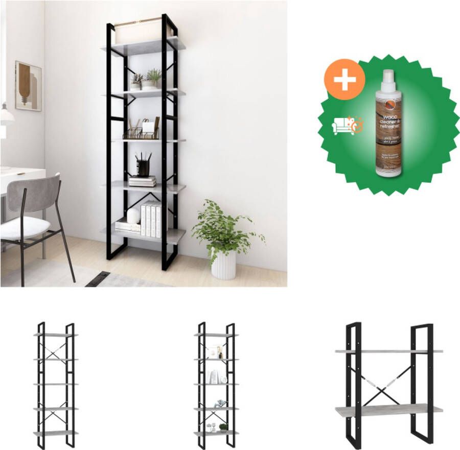 VidaXL Boekenkast met 5 schappen 60x30x175 cm bewerkt hout betongrijs Kast Inclusief Houtreiniger en verfrisser
