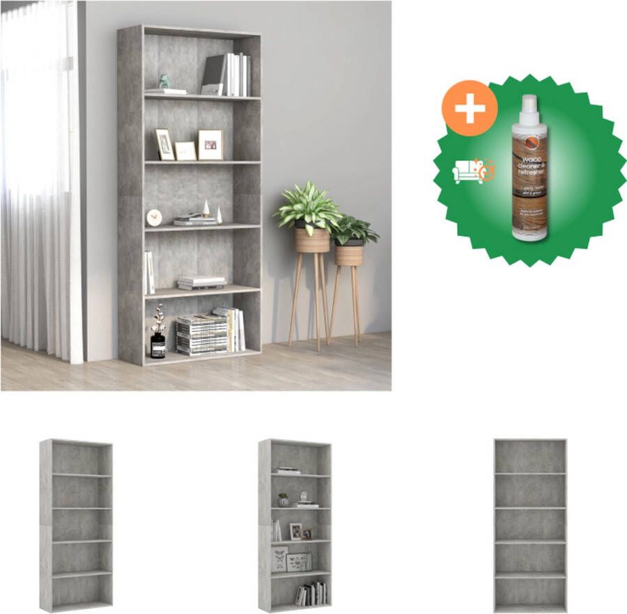 VidaXL Boekenkast met 5 schappen 80x30x189 cm spaanplaat betongrijs Kast Inclusief Houtreiniger en verfrisser