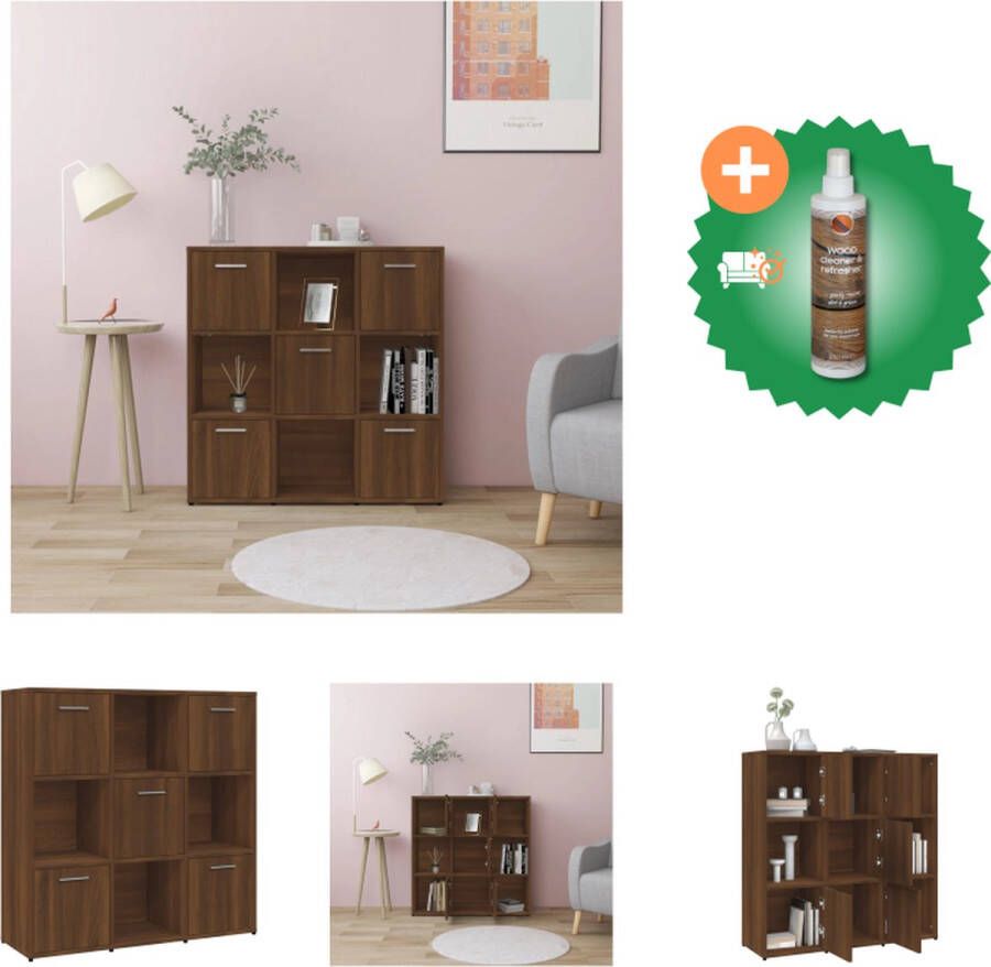 VidaXL Boekenkast Bruineiken 90 x 30 x 90 cm 9 vakken (5 met deuren) Kast Inclusief Houtreiniger en verfrisser